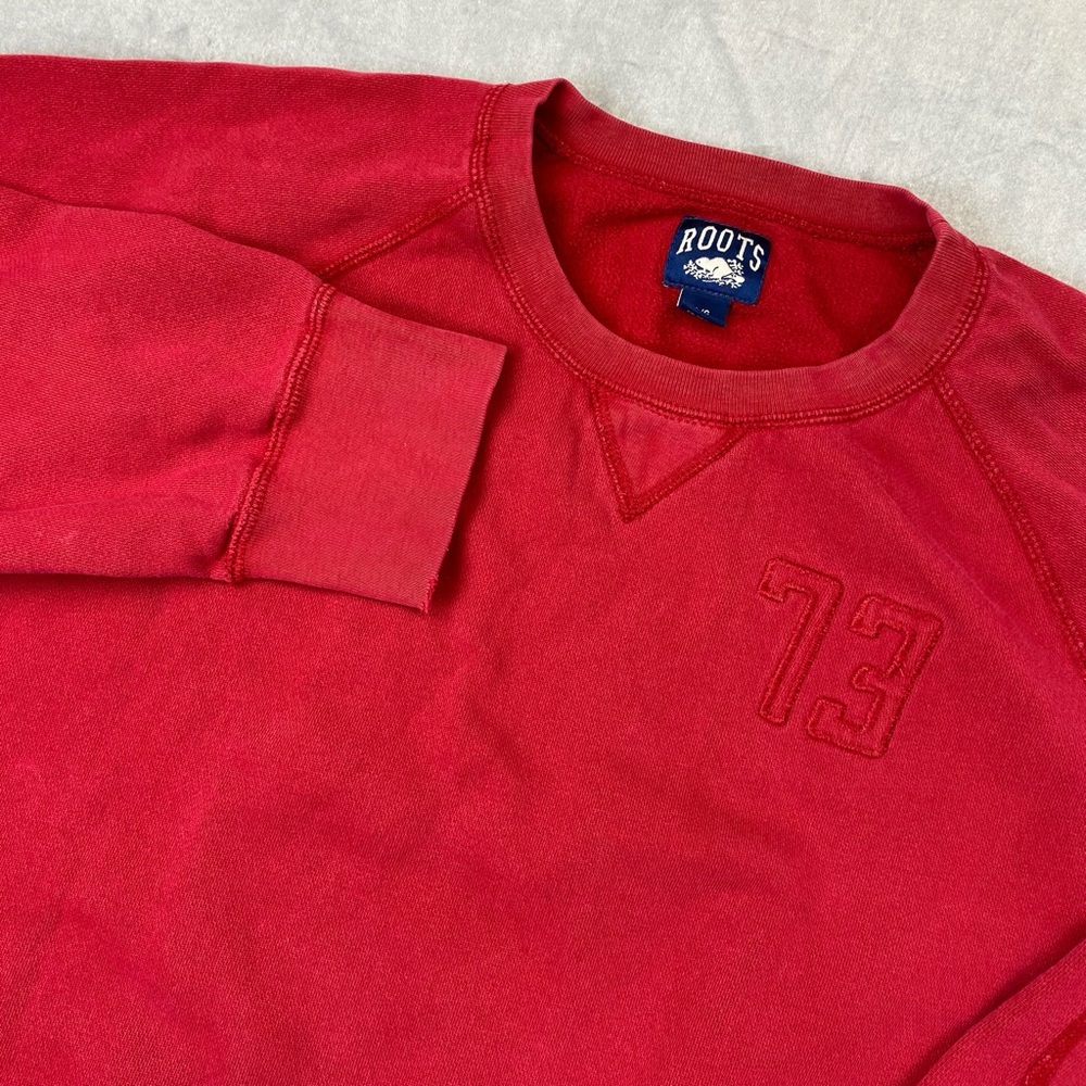 Roots Canada Crewneck Sweatshirt Red Elbow Patch 73 Logo‎ Mens Size L